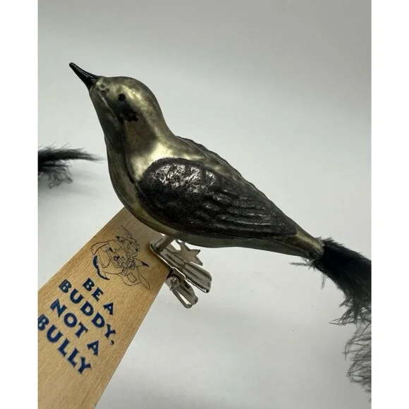 3 Blown Glass Bird Clip On Ornaments Feather Tails Gold & Black Glitter Vintage - Picture 14 of 16